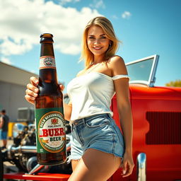 Create a photorealistic image of a hot rod with a pretty girl standing next to it, holding a regular size bottle of beer