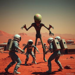 Create an intense scene of four astronauts being attacked by a Martian in a small town on Mars