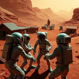 Create an intense scene of four astronauts being attacked by a Martian in a small town on Mars