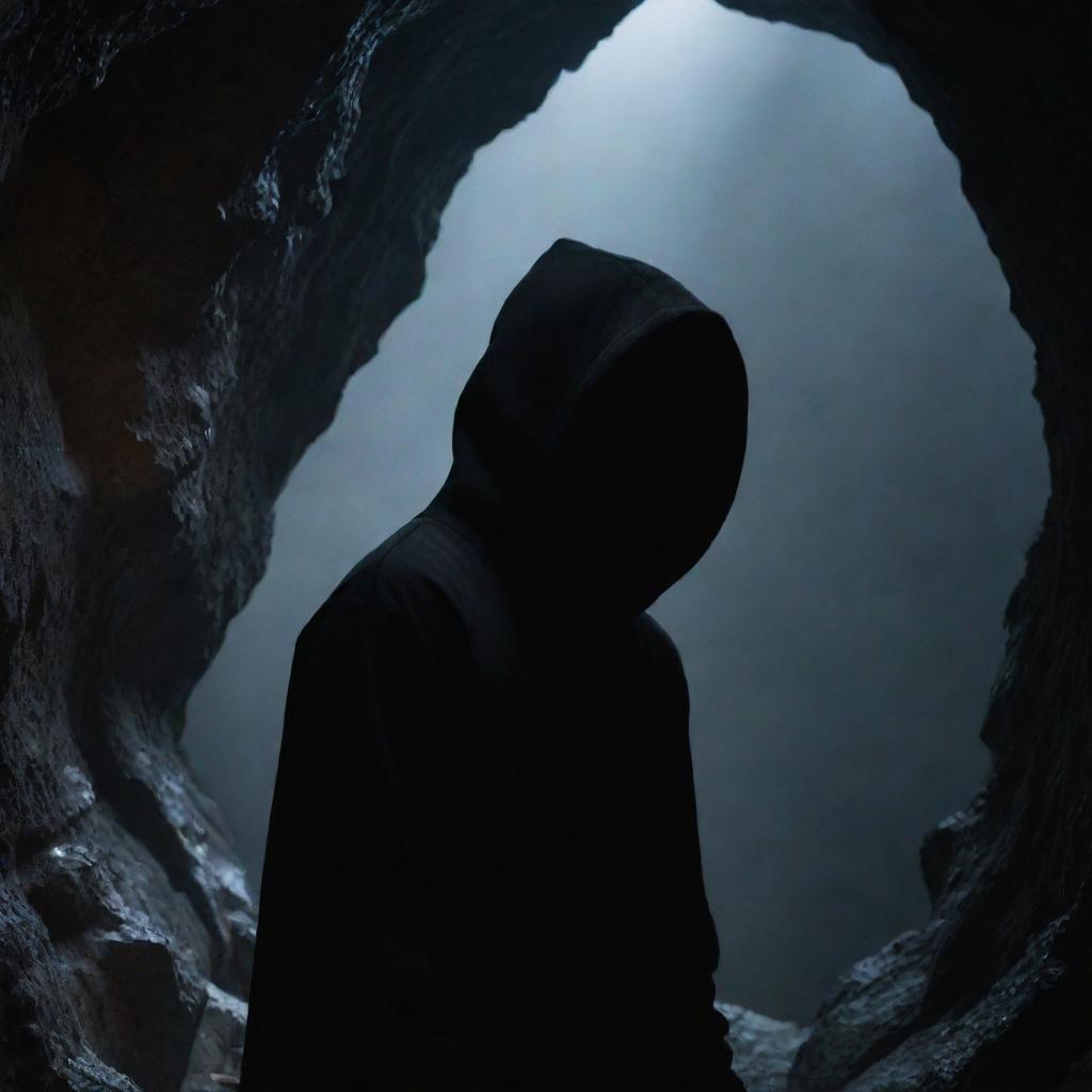 The dark beast, now clad in an oversized, mysterious hoodie, peering out from the shadowy cave filled with stalactites.