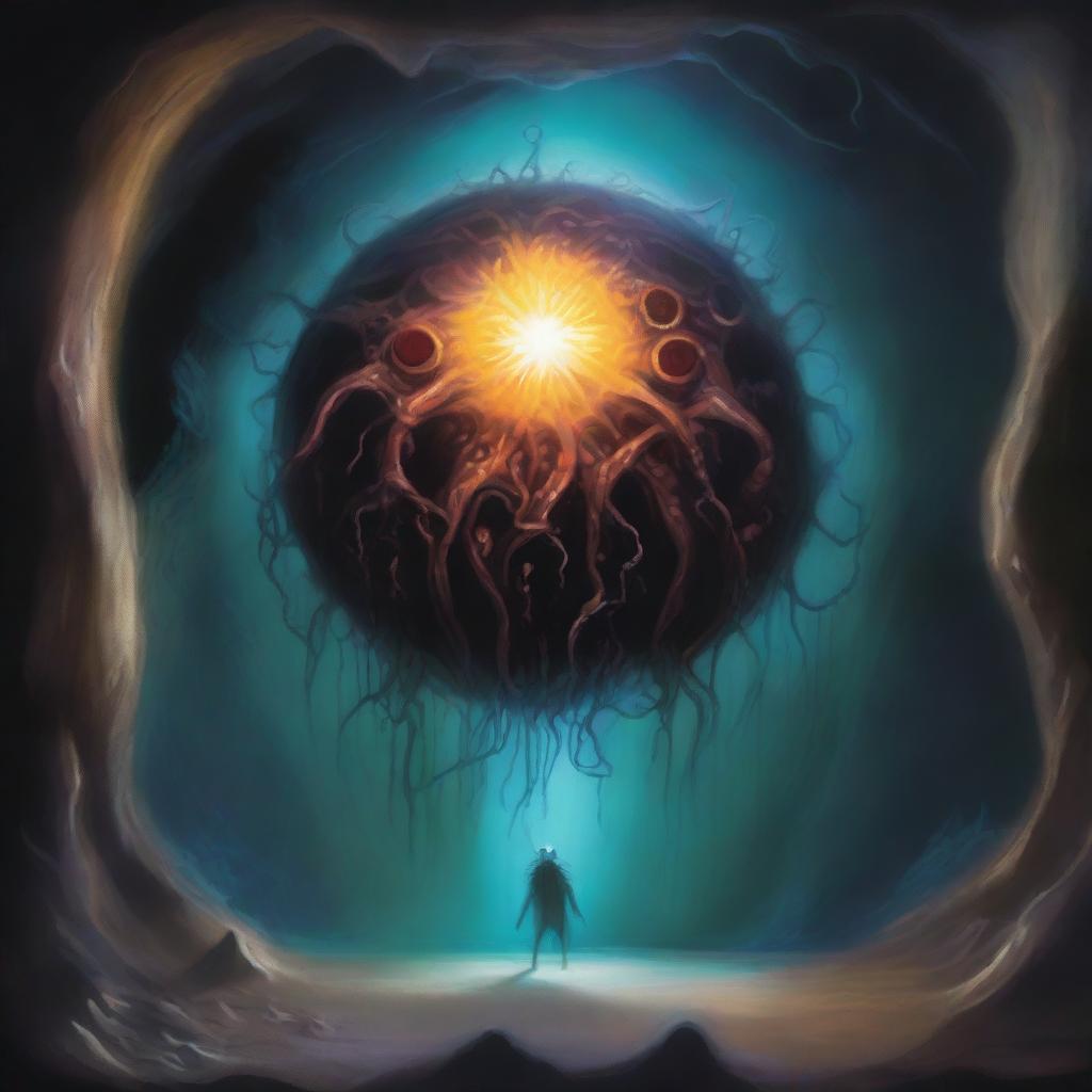 A painting depicting a beholder in a cave, its central eye wide open, using magic