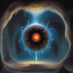 A painting depicting a beholder in a cave, its central eye wide open, using magic