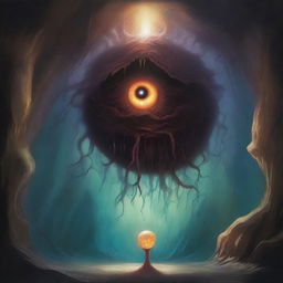 A painting depicting a beholder in a cave, its central eye wide open, using magic