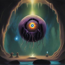 A painting depicting a beholder in a cave, its central eye wide open, using magic