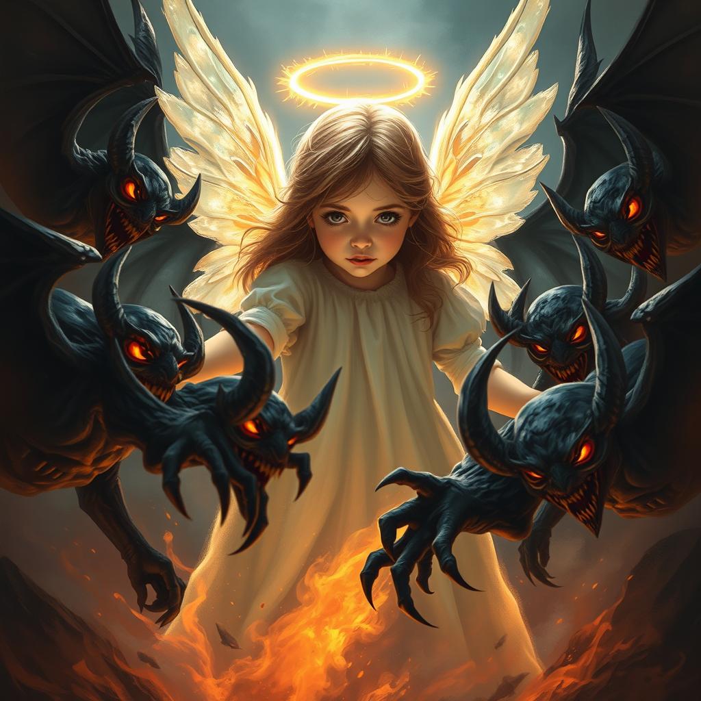 A powerful scene showing a young girl angel battling against demons