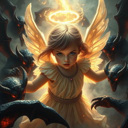 A powerful scene showing a young girl angel battling against demons