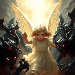 A powerful scene showing a young girl angel battling against demons