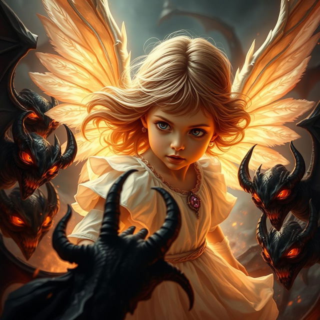 A powerful scene showing a young girl angel battling against demons