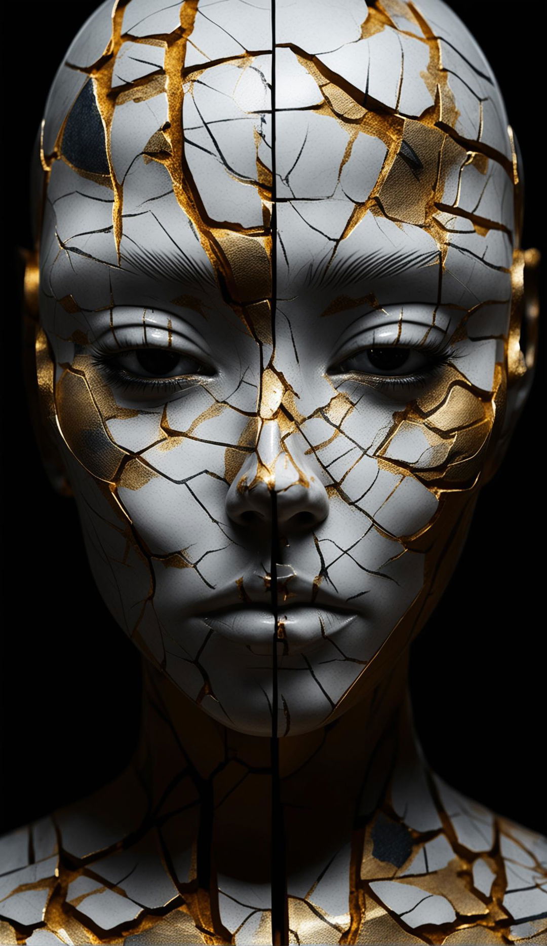 A high-definition, symmetrical image of a glossy porcelain face with gold cracks representing Kintsugi art, dramatically lit for an award-winning photograph.