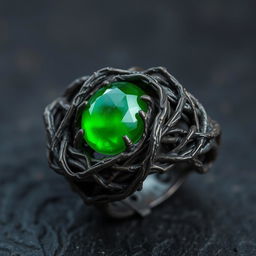 A twisted dark root entangled ring with a smooth green gem