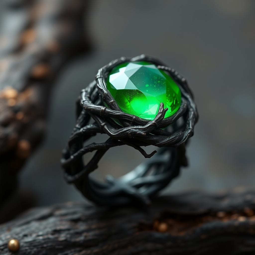 A twisted dark root entangled ring with a smooth green gem