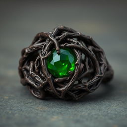 A twisted dark root entangled ring with a smooth green gem