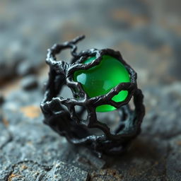 A twisted dark root entangled ring with a smooth green gem