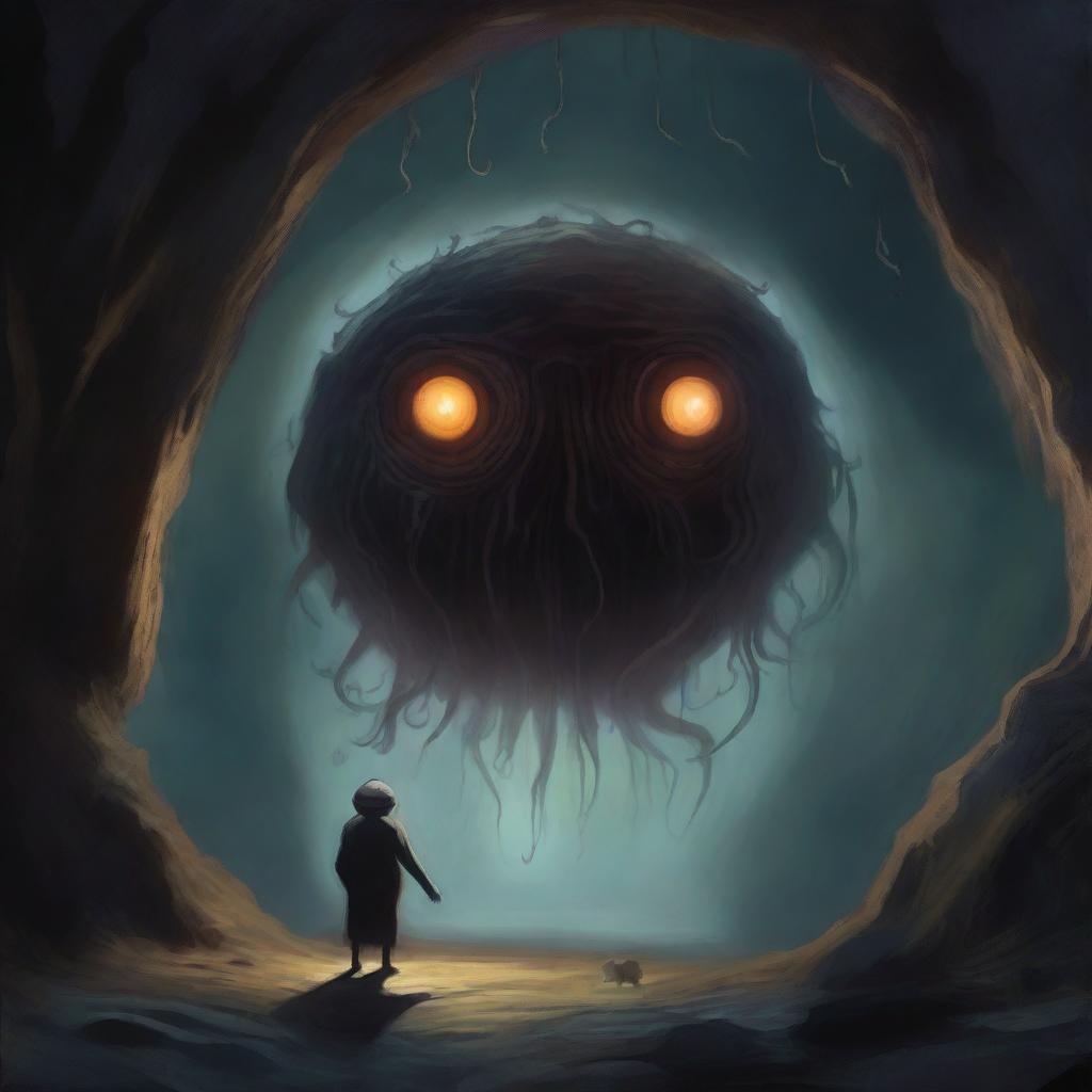 A detailed painting depicting a beholder in a dark, eerie cave