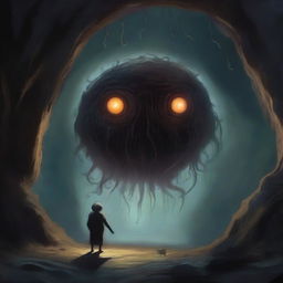 A detailed painting depicting a beholder in a dark, eerie cave