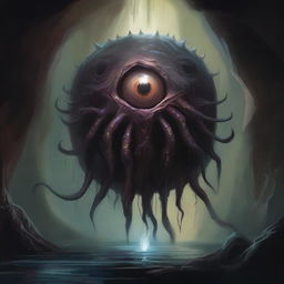 A detailed painting depicting a beholder in a dark, eerie cave