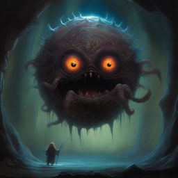 A detailed painting depicting a beholder in a dark, eerie cave