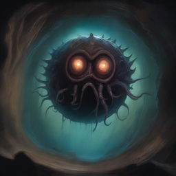 A detailed painting depicting a beholder in a dark, eerie cave