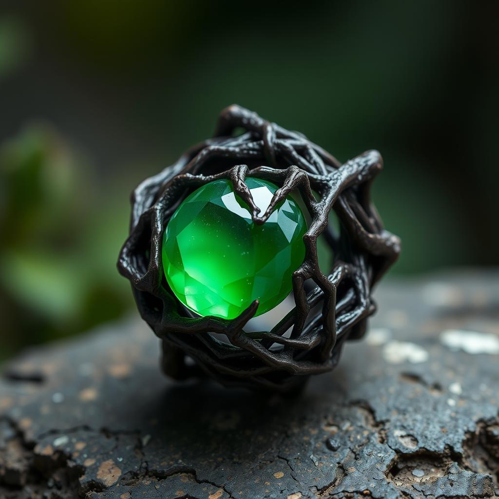 A twisted dark root entangled ring with a smooth green gem