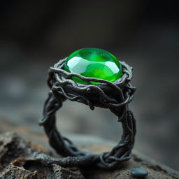 A twisted dark root entangled ring with a smooth green gem