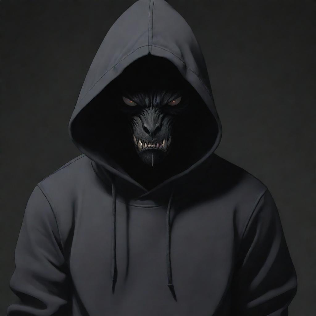 A cool anime character, embodied as a dark beast, wearing an imposing hoodie