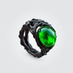 A twisted dark root entangled ring with a smooth green gem