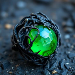 A twisted dark root entangled ring with a smooth green gem