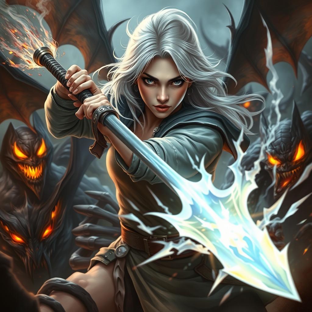 A young adult woman with white hair fiercely battling against demons