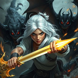 A young adult woman with white hair fiercely battling against demons