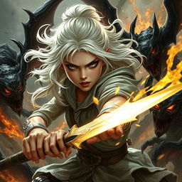 A young adult woman with white hair fiercely battling against demons