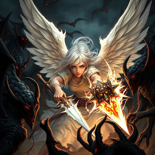 A young adult angel with white hair fiercely battling against demons