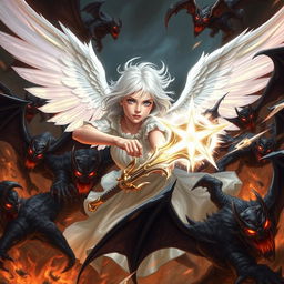 A young adult angel with white hair fiercely battling against demons