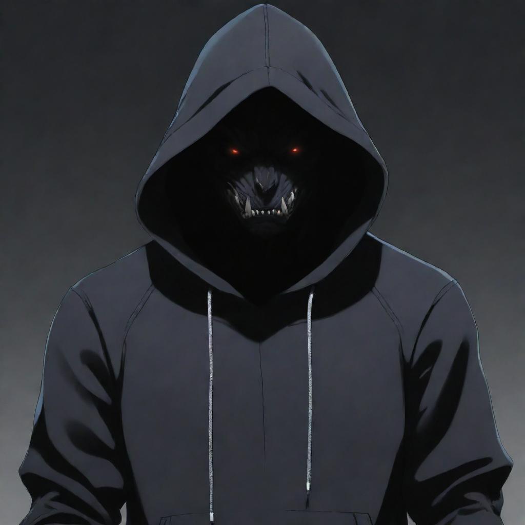 A cool anime character, embodied as a dark beast, wearing an imposing hoodie