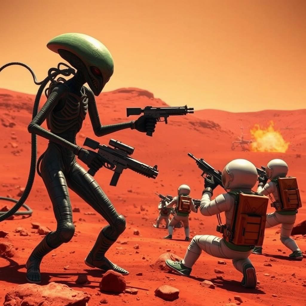 A dramatic scene on Mars where astronauts are being attacked by an alien with advanced weapons