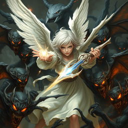 A young adult angel with white hair fiercely battling against demons