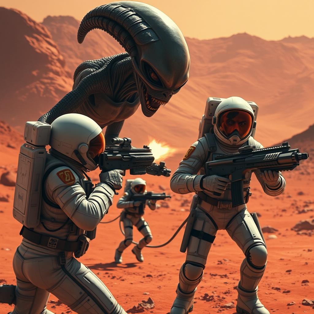 A dramatic scene on Mars where astronauts are being attacked by an alien with advanced weapons