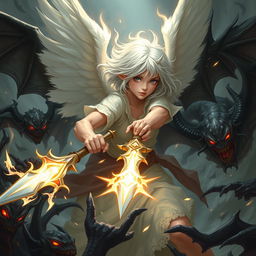 A young adult angel with white hair fiercely battling against demons