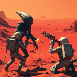 A dramatic scene on Mars where astronauts are being attacked by an alien with advanced weapons