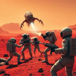 A dramatic scene on Mars where astronauts are being attacked by an alien with advanced weapons