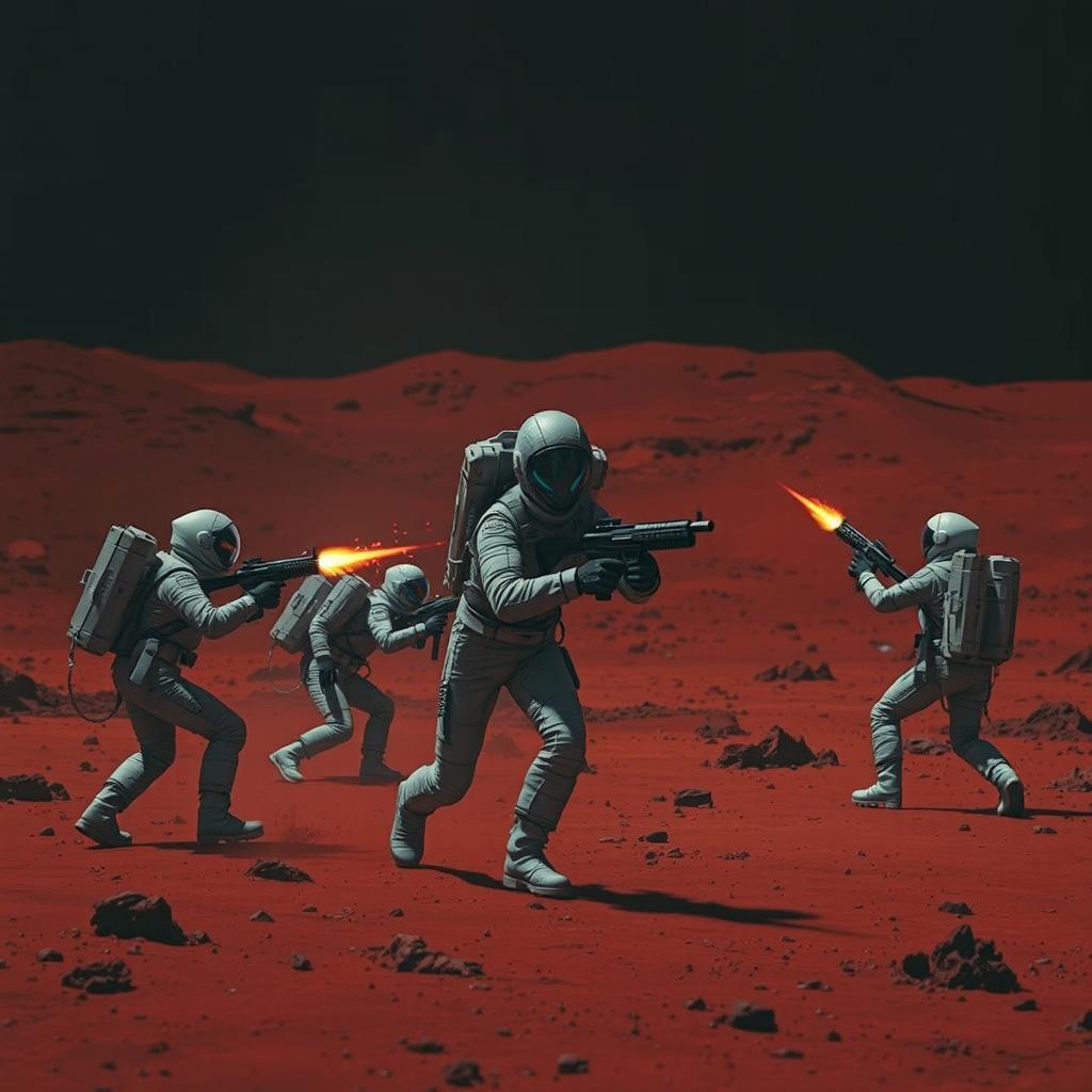 A dramatic scene on Mars with a dark background where astronauts are being attacked by an alien with advanced weapons