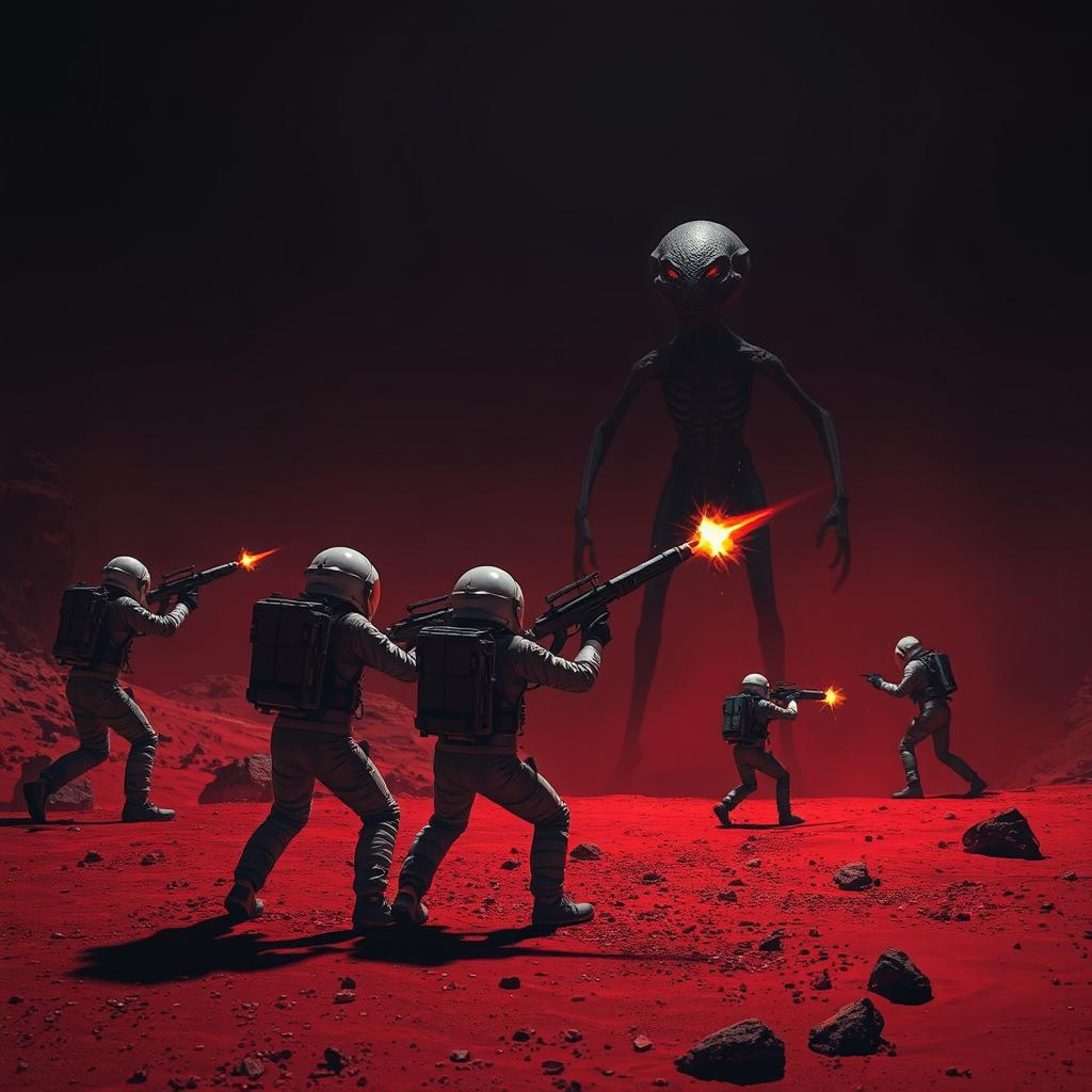 A dramatic scene on Mars with a dark background where astronauts are being attacked by an alien with advanced weapons