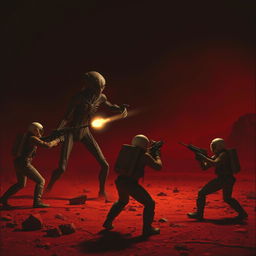 A dramatic scene on Mars with a dark background where astronauts are being attacked by an alien with advanced weapons