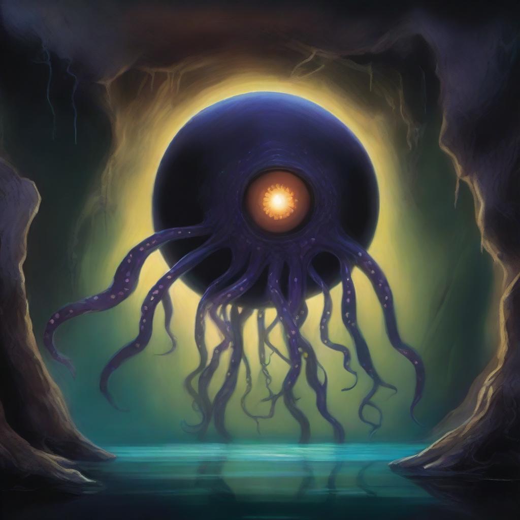 A painting depicting a beholder in a dark, eerie cave, using magic with its tentacles