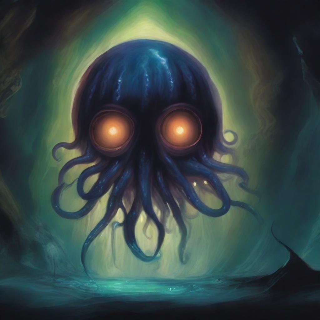 A painting depicting a beholder in a dark, eerie cave, using magic with its tentacles