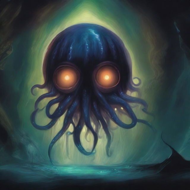 A painting depicting a beholder in a dark, eerie cave, using magic with its tentacles