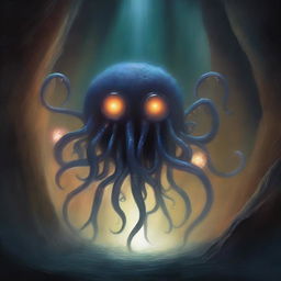 A painting depicting a beholder in a dark, eerie cave, using magic with its tentacles