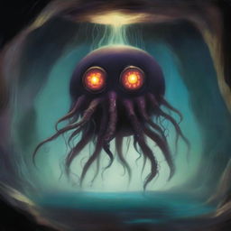 A painting depicting a beholder in a dark, eerie cave, using magic with its tentacles