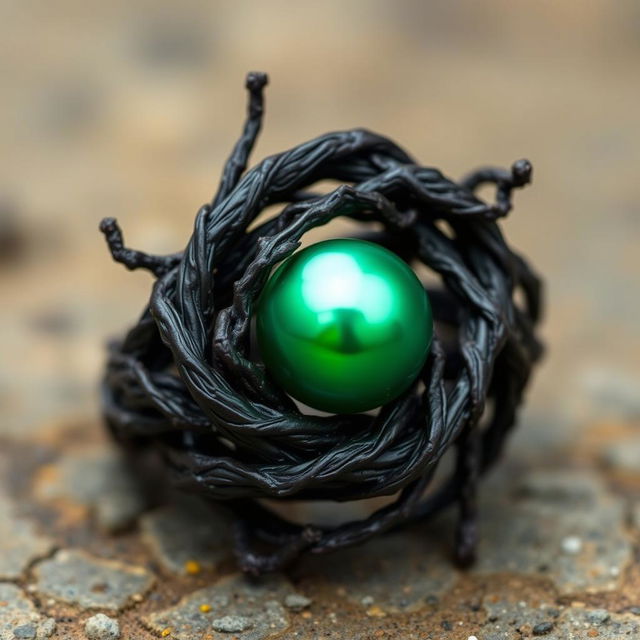 A twisted dark root entangled ring with a smooth green pearl