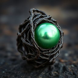 A twisted dark root entangled ring with a smooth green pearl