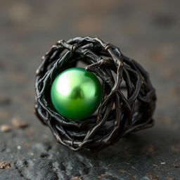 A twisted dark root entangled ring with a smooth green pearl